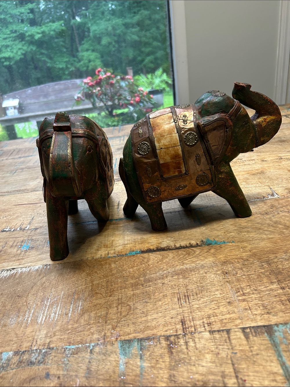 Decorative Green & Bronze Elephant Figurine Set - Handcrafted Accent Make offer
